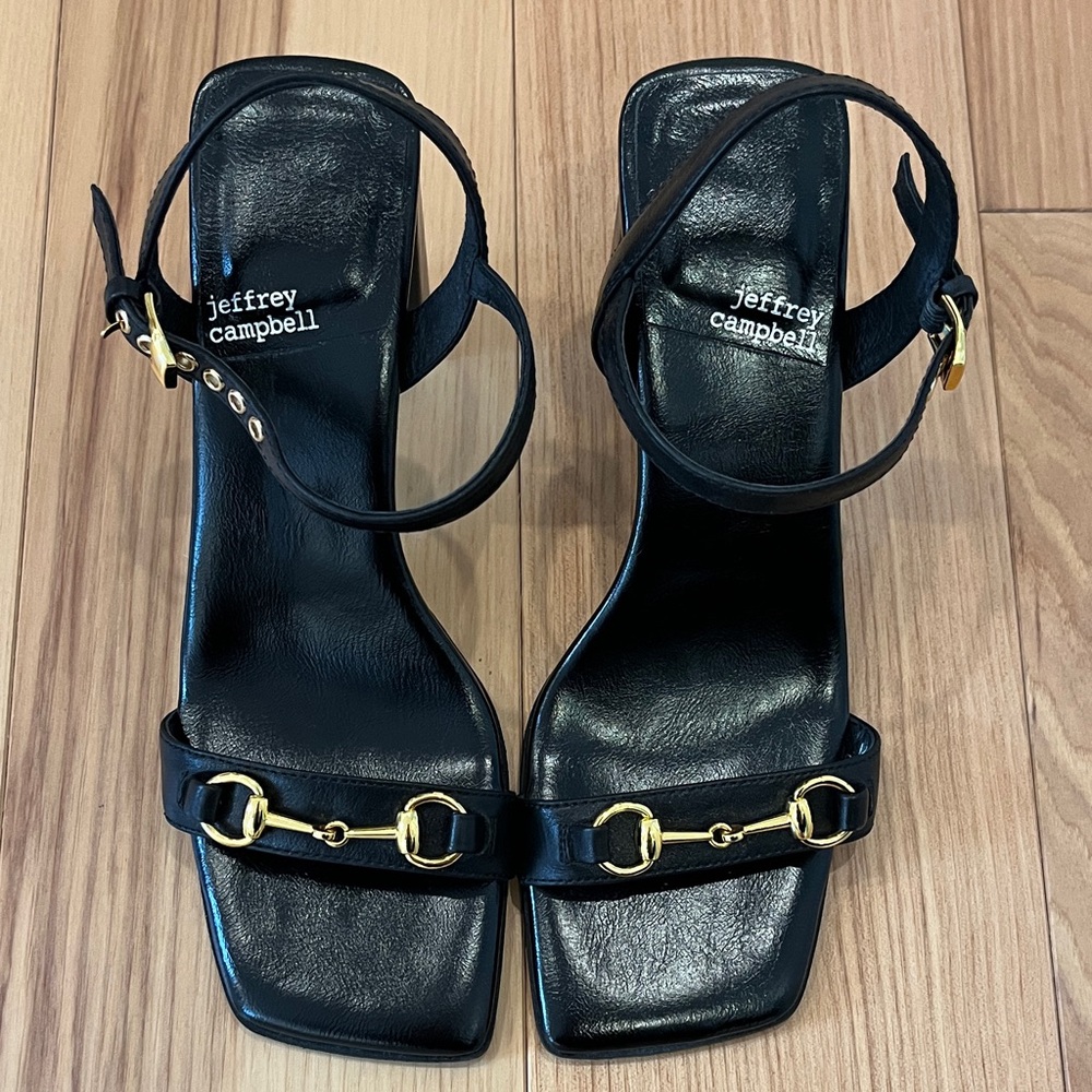 Jeffrey Campbell Black Leather Ankle-Strap Heels with Gold Hardware